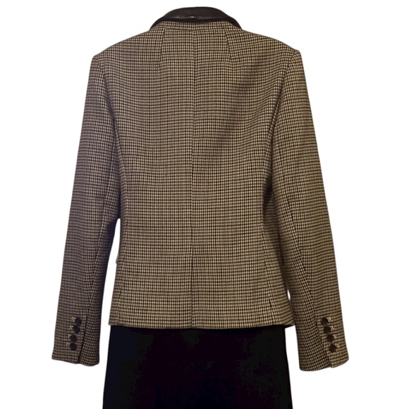 Club Monaco Plaid Checked Neutral Leather Collar Trim Blazer Jacket Sz 6